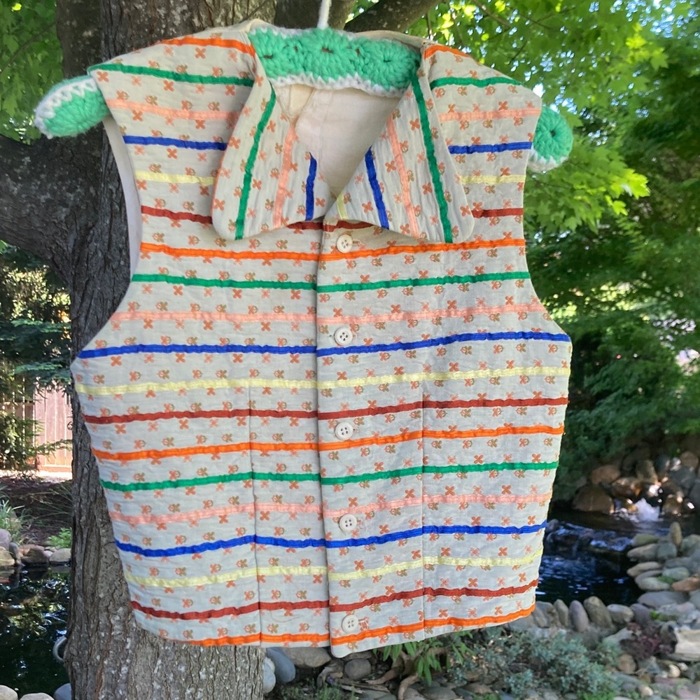 True vintage home made Striped Quilted Vest in Cream with Multicolor Accents